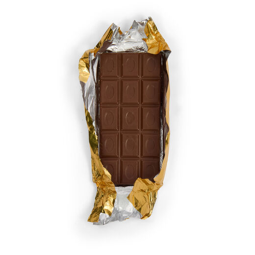 A milk chocolate bar wrapped in a gold foil and paper.
